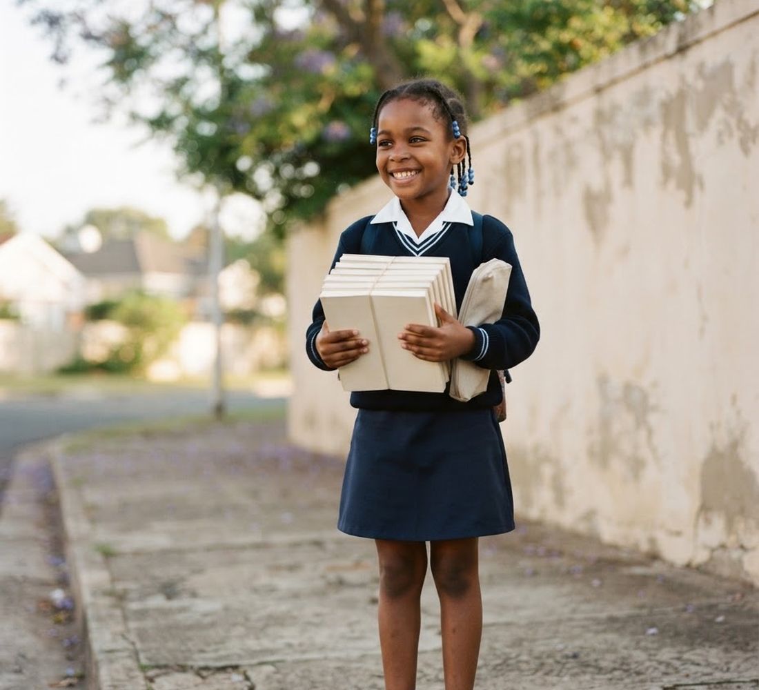 A Rustenburg schoolgirl in uniform holding a stack of new exercise books