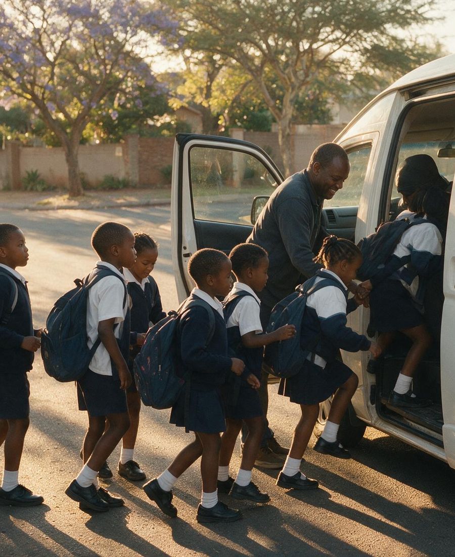 A driver helping a young learner into the minibus